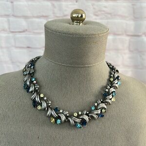 CORO silver tone rhinestone necklace BEAUTIFUL 14” multicolored